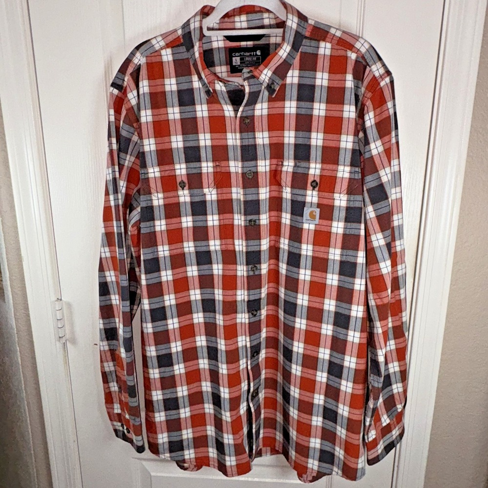 Carhartt Loose Fit L Tall Plaid Shirt Blue Red Stripe‎ Button Down Workwear Logo